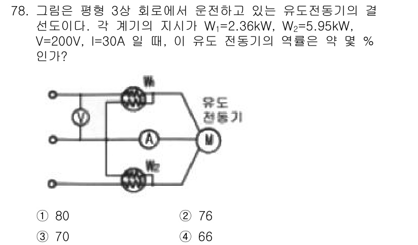철도신호산업기사 2016년 78번 - 유도전동기의 효율은 입력 전력 대비 출력 전력의 비율로 계산됩니다. 주어... 에 관한 핵심 기출문제