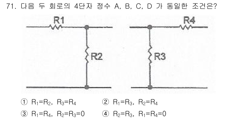 철도신호산업기사 2019년 71번 - 문제에서 제시된 회로는 두 개의 4단자 정수에 대한 등가 조건을 검토해야... 에 관한 핵심 기출문제