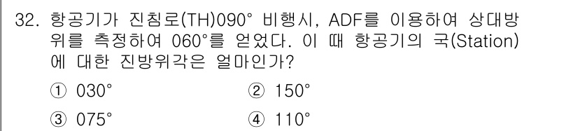 항공무선통신사 2015년 32번 - 항공기가 진입로(TH) 090°에서 비행 중 ADF를 사용하여 상대방위 ... 에 관한 핵심 기출문제