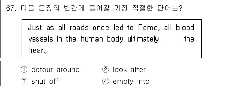 항공무선통신사 2015년 67번 - 정답은 4번 "empty into"입니다. 이는 혈액이 체내의 혈관을 통... 에 관한 핵심 기출문제