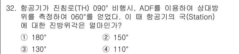 항공무선통신사 2018년 32번 - 항공기가 진입로(TH) 090° 비행 중, ADF로 060°를 감지한 경... 에 관한 핵심 기출문제