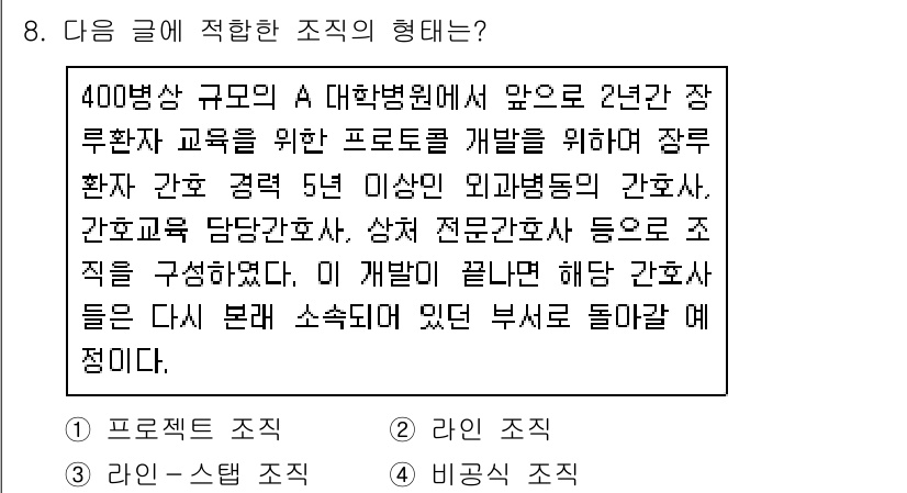 9급_지방직_공무원_간호관리 2015년 8번 - 정답은 1. 프로젝 조직입니다. 400병상 규모의 A 대학교병원에서 장기... 에 관한 핵심 기출문제