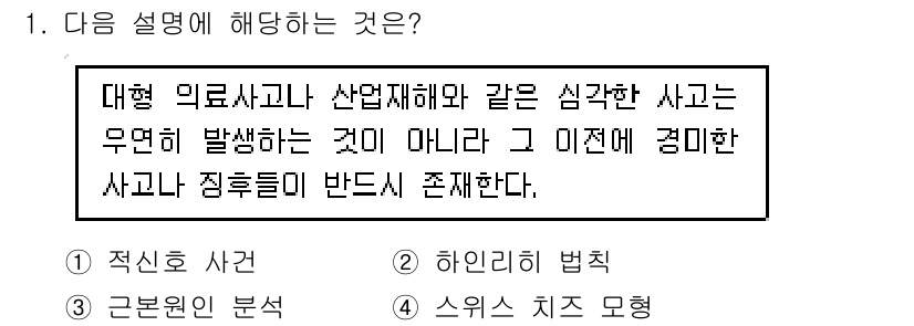 9급_지방직_공무원_간호관리 2018년 1번 - 대형 의료사고나 산업재해는 그 자체로 심각한 사건이며, 이에 대한 예방과... 에 관한 핵심 기출문제