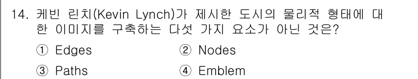 9급_지방직_공무원_건축계획 2015년 14번 - 케빈 린치가 제시한 도시의 물리적 형태에 대한 요소는 "Edges", "... 에 관한 핵심 기출문제