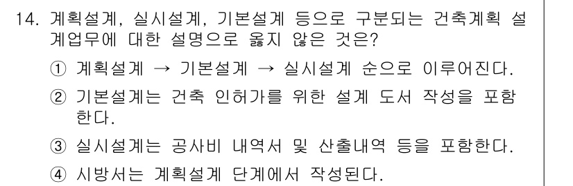 9급_지방직_공무원_건축계획 2017년 14번 - . 

설계 단계에서 '시방서'는 따로 작성되지 않으며, 실제로는 계획설... 에 관한 핵심 기출문제