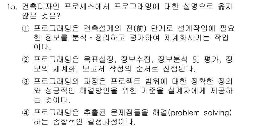 9급_지방직_공무원_건축계획 2019년 15번 - 건축디자인 프로세스에서는 설계방식이 중요하지만, 특정 문제 해결 방식만을... 에 관한 핵심 기출문제