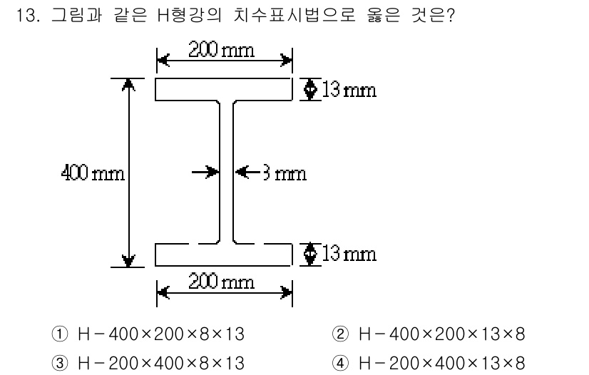 9급_지방직_공무원_건축구조 2017년 14번 - H형강의 치수 표시는 일반적으로 H-넓이×높이×두께×길이 형태로 나타납니... 에 관한 핵심 기출문제