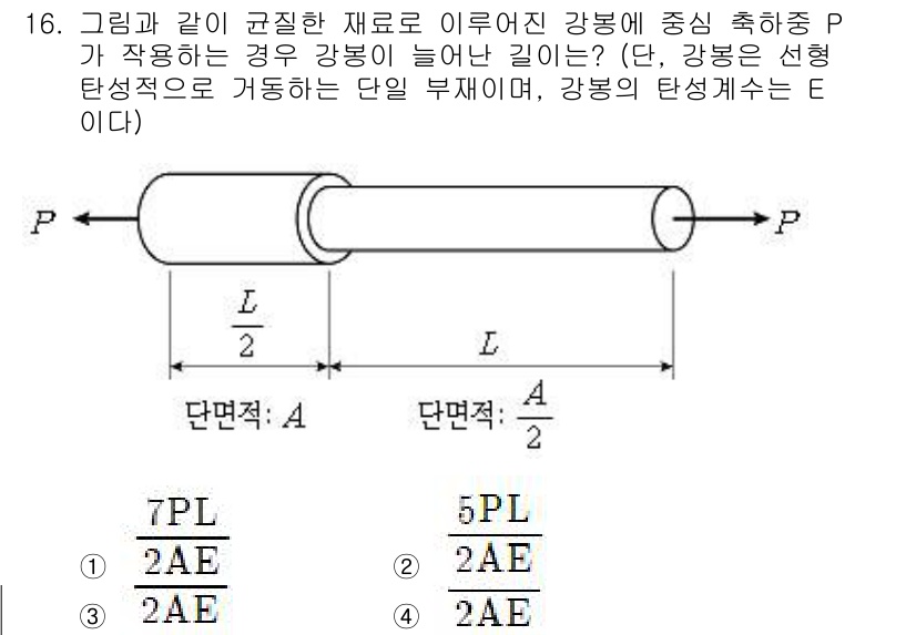 9급_지방직_공무원_건축구조 2019년 16번 - 문제에서 제시된 강봉에 작용하는 힘 P는 대칭적인 위치에 작용하므로 강봉... 에 관한 핵심 기출문제