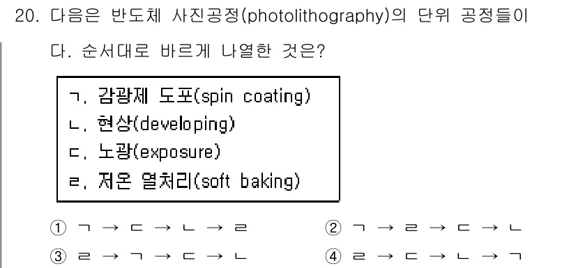 9급_지방직_공무원_공업화학 2017년 20번 - 포토리소그래피 공정은 감광제 도포, 노광, 현상, 그리고 감광제 제거의 ... 에 관한 핵심 기출문제