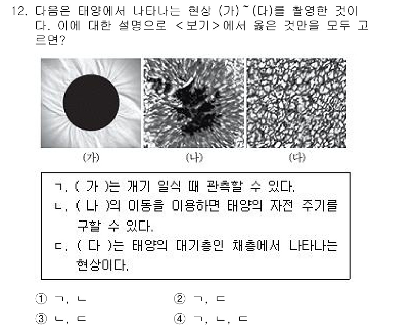 9급_지방직_공무원_과학 2018년 12번 - 주어진 이미지는 태양의 다양한 현상을 나타내며, 특히 (가)에서 나타나는... 에 관한 핵심 기출문제