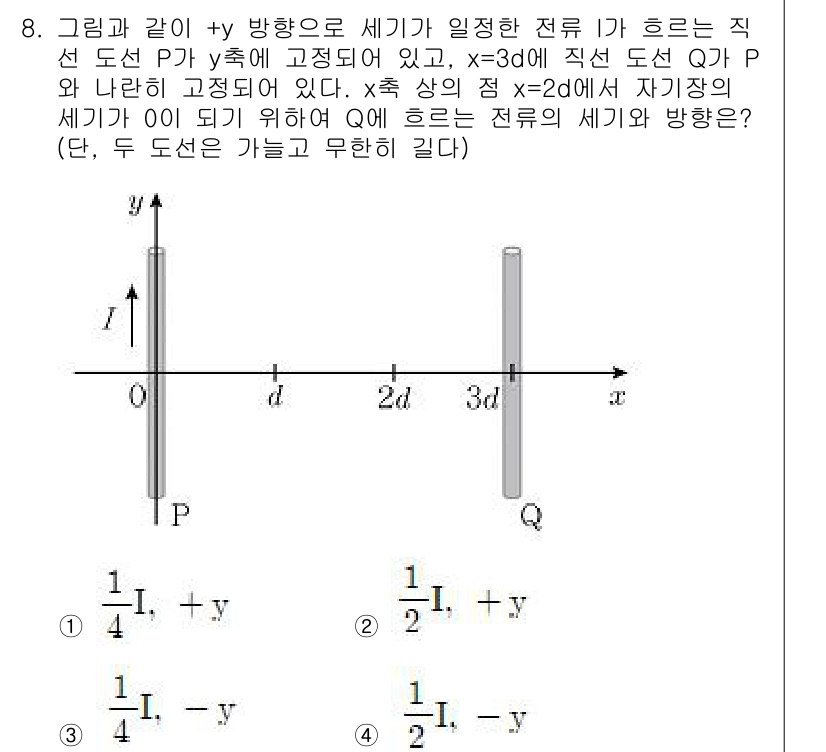 9급_지방직_공무원_과학 2018년 8번 - 문제의 조건에서 두 도선 P와 Q가 y축 방향으로 일정한 전류 I를 흐르... 에 관한 핵심 기출문제