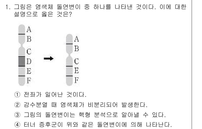 9급_지방직_공무원_과학 2019년 1번 - 이 그림은 염색체 돌연변이를 나타내고 있으며, 주어진 설명 중 "전좌가 ... 에 관한 핵심 기출문제