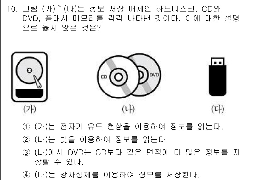 9급_지방직_공무원_과학 2019년 10번 - 정답 4번은 강착자리를 이용하여 정보를 저장하는 방식이기 때문에, 다른 ... 에 관한 핵심 기출문제