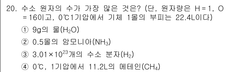 9급_지방직_공무원_과학 2019년 20번 - 수소 원자의 수가 가장 많은 것은 0.5몰의 암모니아(NH₃)입니다. N... 에 관한 핵심 기출문제