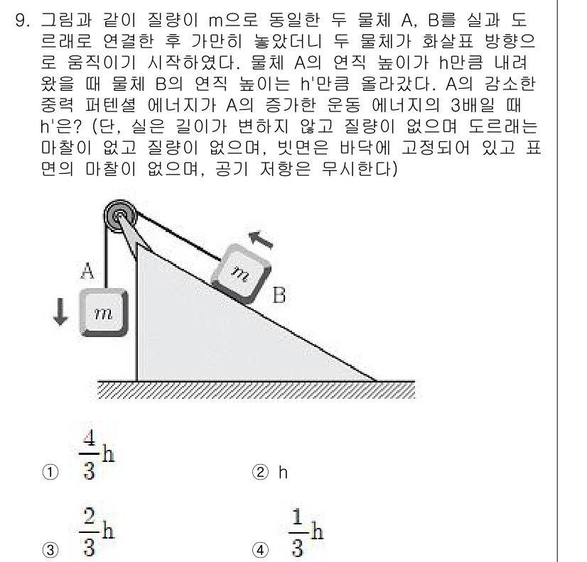 9급_지방직_공무원_과학 2019년 9번 - 물체 A와 B는 동시에 같은 높이에서 떨어지기 시작하며, B의 위치가 높... 에 관한 핵심 기출문제
