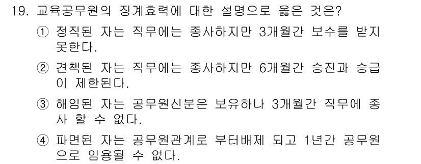9급_지방직_공무원_교육학개론 2016년 19번 - 정답 ②는 견책된 자는 직무에서 6개월 간 승진이 제한된다는 규정에 따라... 에 관한 핵심 기출문제