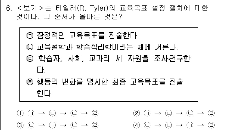 9급_지방직_공무원_교육학개론 2017년 6번 - 정답 3번은 교육목표 설정에서 학습자, 사회, 교과의 세 가지 요소를 조... 에 관한 핵심 기출문제