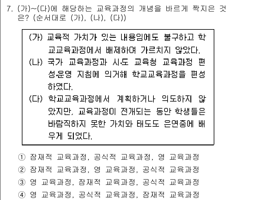 9급_지방직_공무원_교육학개론 2017년 7번 - 해설: (가)는 교육과정의 가치를 잘못 이해하고 있으며, (나)는 교육과... 에 관한 핵심 기출문제