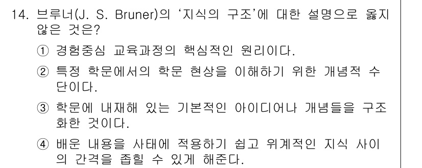 9급_지방직_공무원_교육학개론 2019년 14번 - 브루너의 '지식의 구조'는 학습을 위한 기본 개념과 이론을 강조하며, 특... 에 관한 핵심 기출문제