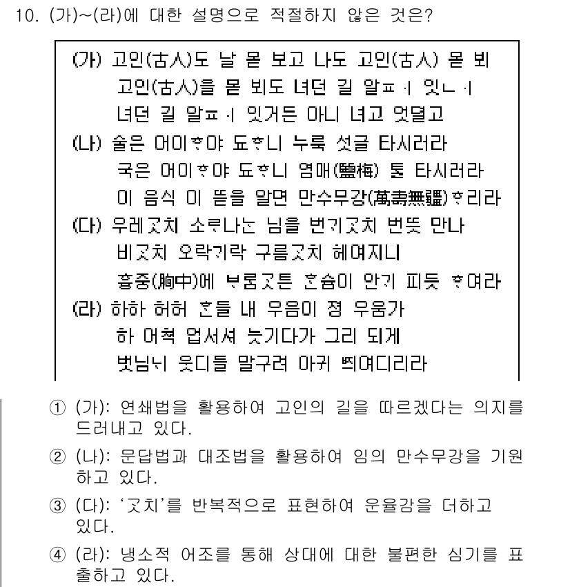 9급_지방직_공무원_국어 2019년 10번 - . 

'원망하는 마음을 잊고 내 몸을 잠자코 맡기겠다'는 내용은 '고민... 에 관한 핵심 기출문제