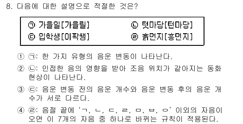 9급_지방직_공무원_국어 2019년 8번 - 음운 변화는 단어의 구성 요소가 음성적으로 어떻게 변화하는지를 설명하며,... 에 관한 핵심 기출문제