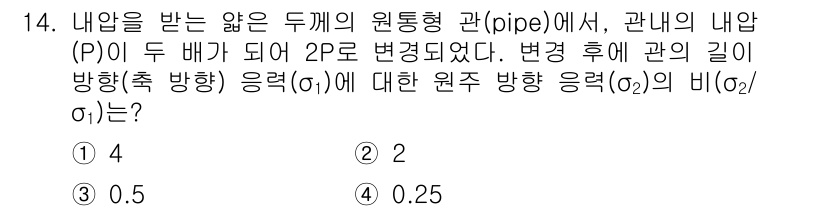 9급_지방직_공무원_기계설계 2015년 14번 - 관내 내압이 두 배로 증가할 경우, 원주 방향 응력(실제 응력)은 압력의... 에 관한 핵심 기출문제