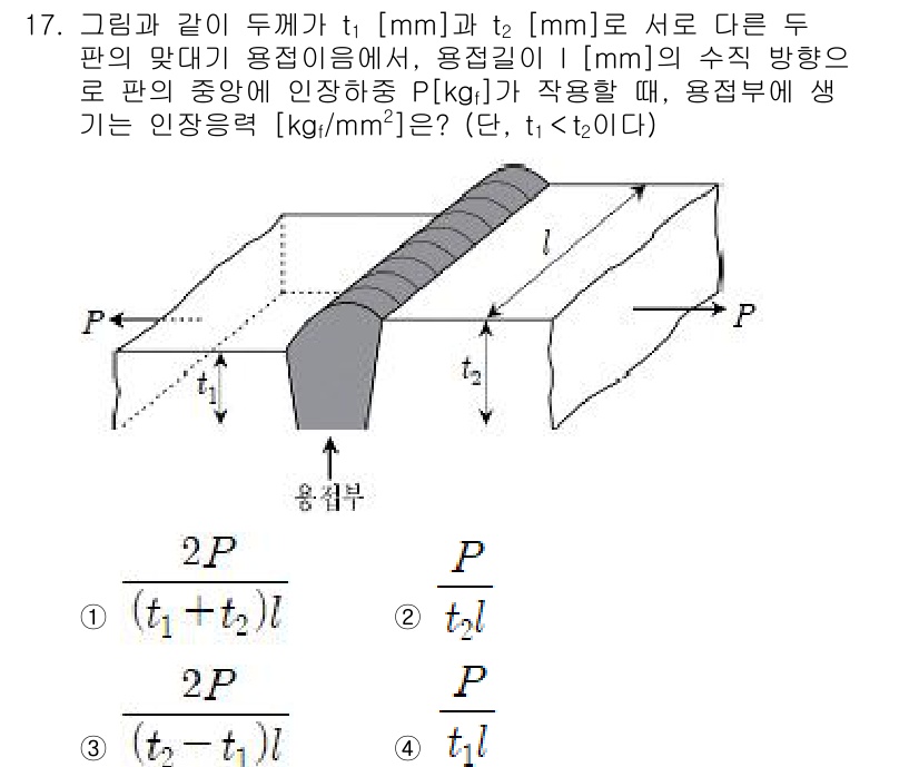 9급_지방직_공무원_기계설계 2015년 17번 - 해설: 주어진 문제에서 두 판의 경계면에서 발생하는 하중 P는 판의 두께... 에 관한 핵심 기출문제