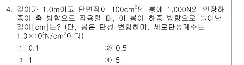 9급_지방직_공무원_기계설계 2017년 4번 - 문제에서 주어진 힘은 1000N이고, 면적은 100 cm²입니다. 이러한... 에 관한 핵심 기출문제