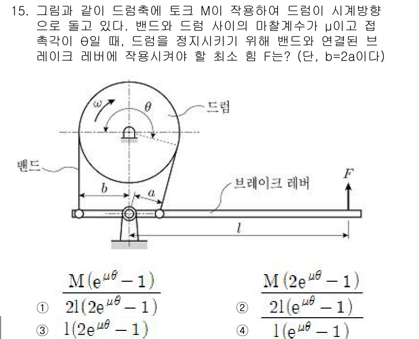 9급_지방직_공무원_기계설계 2019년 15번 - 위 그림에서, 드럼의 회전으로 인해 발생하는 마찰력은 벨트를 통해 기계적... 에 관한 핵심 기출문제