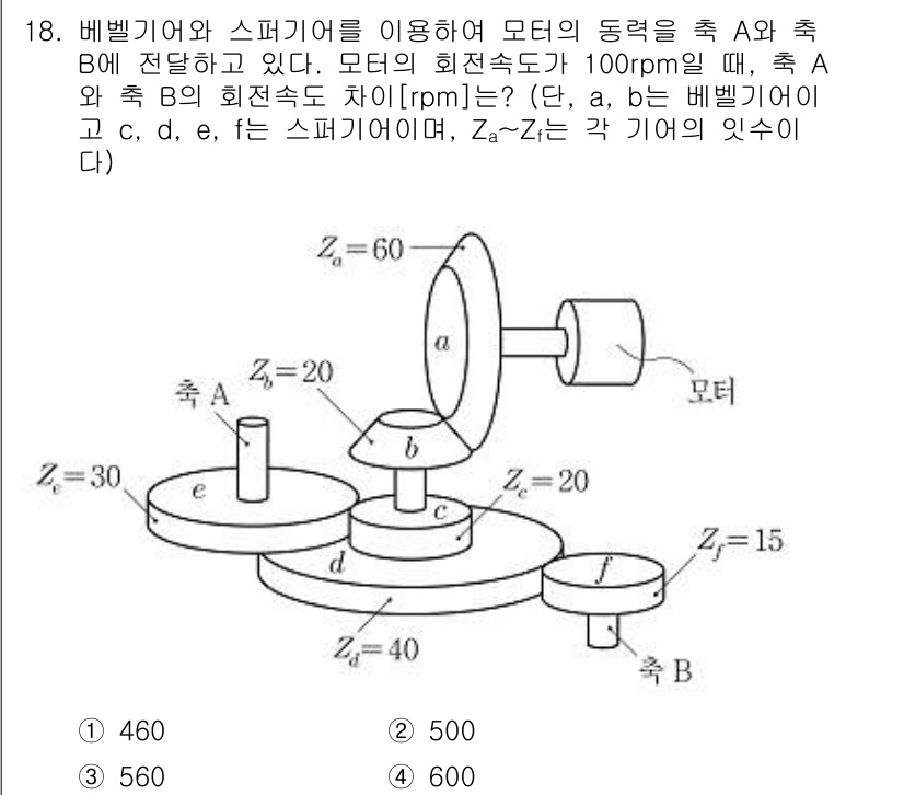 9급_지방직_공무원_기계설계 2019년 18번 - 문제에서 모터의 출력과 회전속도를 기반으로 스퍼 기어와 베벨 기어 간의 ... 에 관한 핵심 기출문제