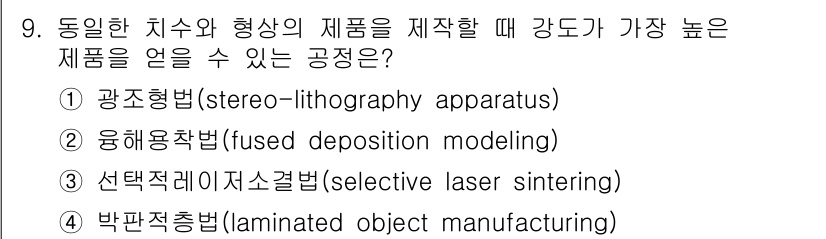 9급_지방직_공무원_기계일반 2018년 9번 - 정답은 3번 선택적 레이저 소결법(selective laser sinte... 에 관한 핵심 기출문제