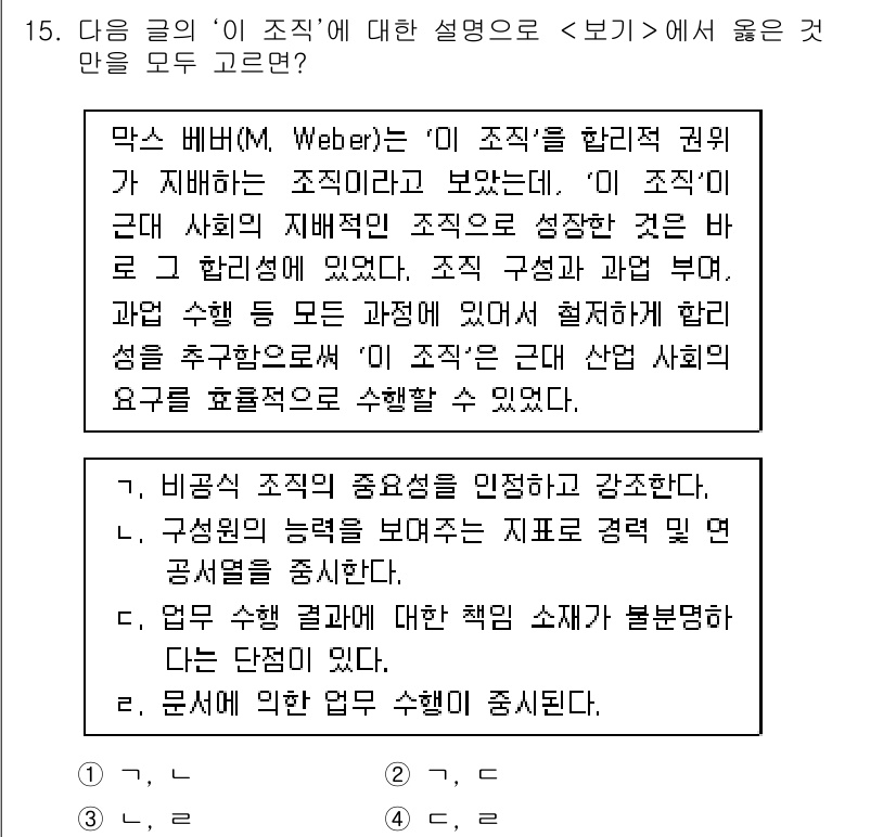 9급_지방직_공무원_사회복지학개론 2018년 15번 - 마크스 베버의 '이 조직'은 합리적 권위가 기반이 되며, 이는 말 그대로... 에 관한 핵심 기출문제