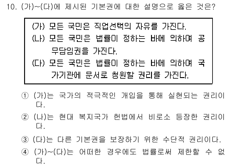 9급_지방직_공무원_사회 2019년 10번 - 정답 3번은 국가가 국민의 기본적 인권을 보장하기 위한 적극적인 역할을 ... 에 관한 핵심 기출문제