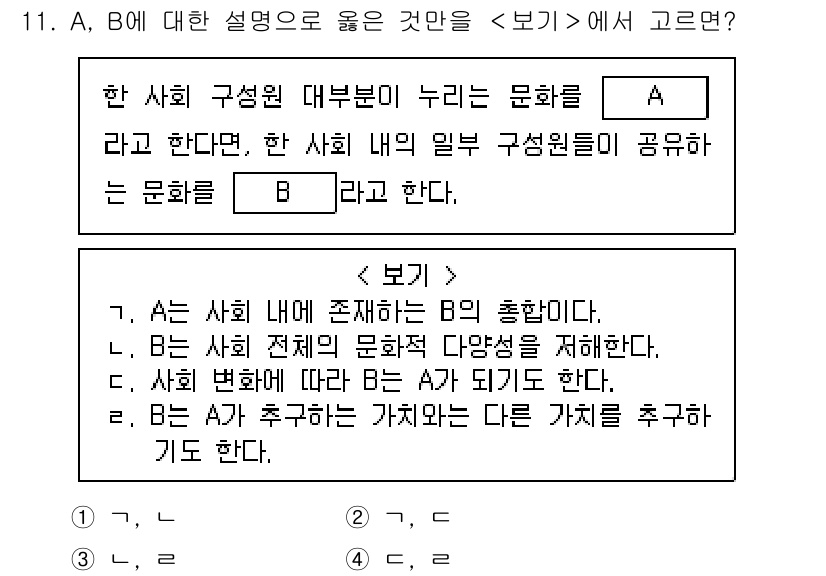9급_지방직_공무원_사회 2019년 11번 - B는 사회 내에서 존재하는 B의 특성을 지칭하며, 사회 변화를 따라 B가... 에 관한 핵심 기출문제