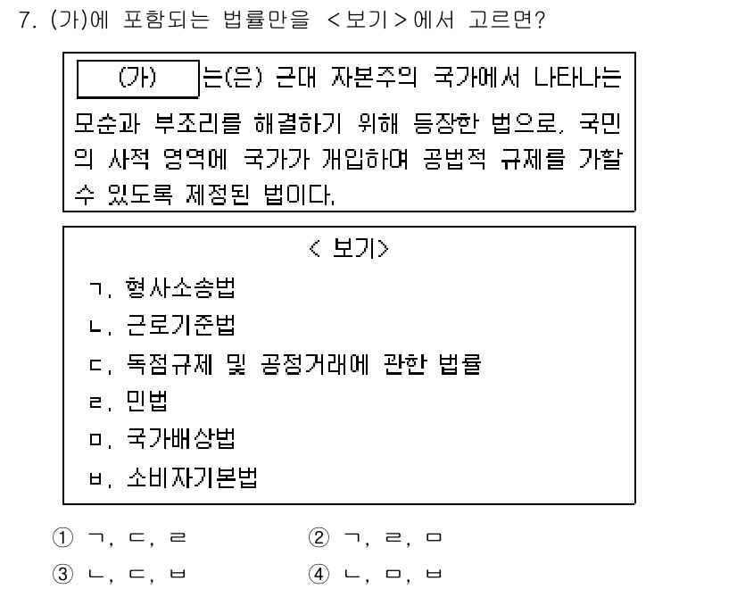 9급_지방직_공무원_사회 2019년 7번 - 정답은 3번, 독점규제 및 공정거래에 관한 법률이다. 이 법은 자본주의 ... 에 관한 핵심 기출문제