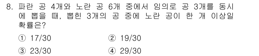 9급_지방직_공무원_수학 2018년 8번 - 3개의 공을 뽑는 경우의 수는 \( \binom{6}{3} = 20 \)... 에 관한 핵심 기출문제