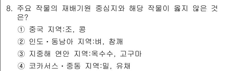 9급_지방직_공무원_식용작물 2017년 8번 - 해당 문제에서는 주 요작물의 재배기후와 적합성에 대한 질문입니다. 중국 ... 에 관한 핵심 기출문제