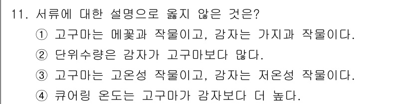 9급_지방직_공무원_식용작물 2018년 11번 - 진정한 고구마와 감자는 각각 다른 식물로, 두 가지를 동일하게 볼 수 없... 에 관한 핵심 기출문제