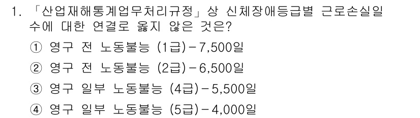 9급_지방직_공무원_안전관리론 2018년 1번 - 정답 2번은 영구 근로불능(2급)과 관련된 보상 수준이 부적절하다는 이유... 에 관한 핵심 기출문제
