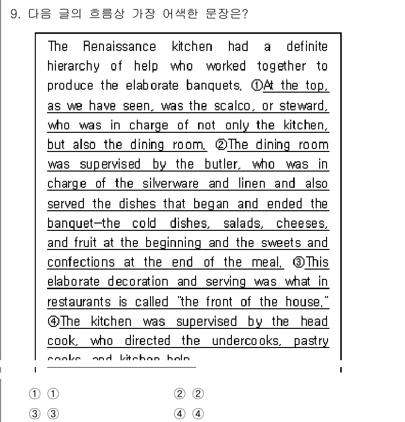 9급_지방직_공무원_영어 2018년 9번 - 글에서 "The dining room was supervised by t... 에 관한 핵심 기출문제