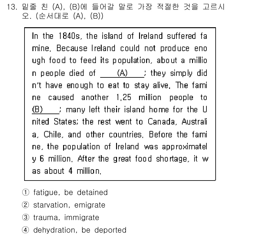9급_지방직_공무원_영어 2019년 13번 - 정답은 2번 "starvation"입니다. 문장에서는 아일랜드가 식량 부... 에 관한 핵심 기출문제