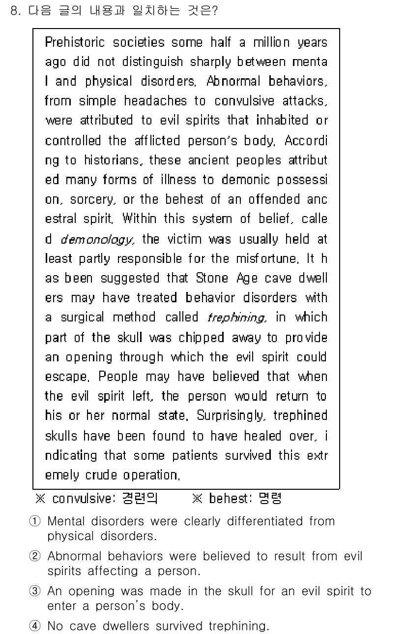 9급_지방직_공무원_영어 2019년 8번 - 정답 2번 "be held"는 문맥상 "사람이 의학적 문제를 경험하고 있... 에 관한 핵심 기출문제