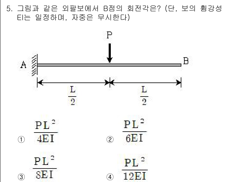 9급_지방직_공무원_응용역학개론 2016년 5번 - B점의 회전각은 보의 비틀림과 관련이 있으며, 주어진 하중 P와 보의 길... 에 관한 핵심 기출문제