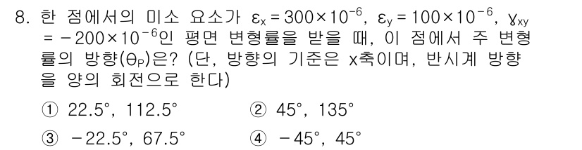 9급_지방직_공무원_응용역학개론 2016년 8번 - 주어진 미소 변형률의 성분을 통해 주 변형률(y 방향)과 관련된 회전 각... 에 관한 핵심 기출문제