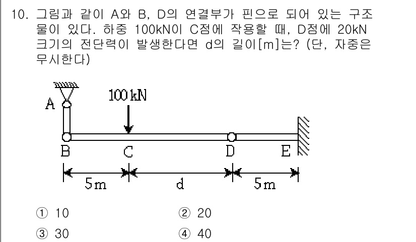 9급_지방직_공무원_응용역학개론 2017년 10번 - D점에서 작용하는 20kN의 힘은 D점에서 지지력을 제공하므로, 이 힘에... 에 관한 핵심 기출문제