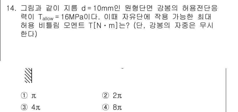 9급_지방직_공무원_응용역학개론 2017년 14번 - 주어진 문제에서 비틀림 모멘트를 계산하기 위해서는 허용 전단응력과 단면 ... 에 관한 핵심 기출문제
