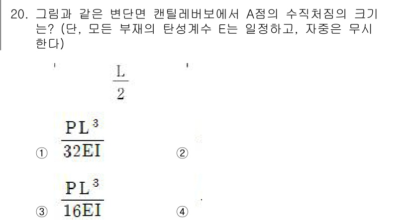 9급_지방직_공무원_응용역학개론 2019년 20번 - 캔틸레버 보의 A점 수직 처짐을 구하기 위해, 모멘트 방정식과 변형 에너... 에 관한 핵심 기출문제
