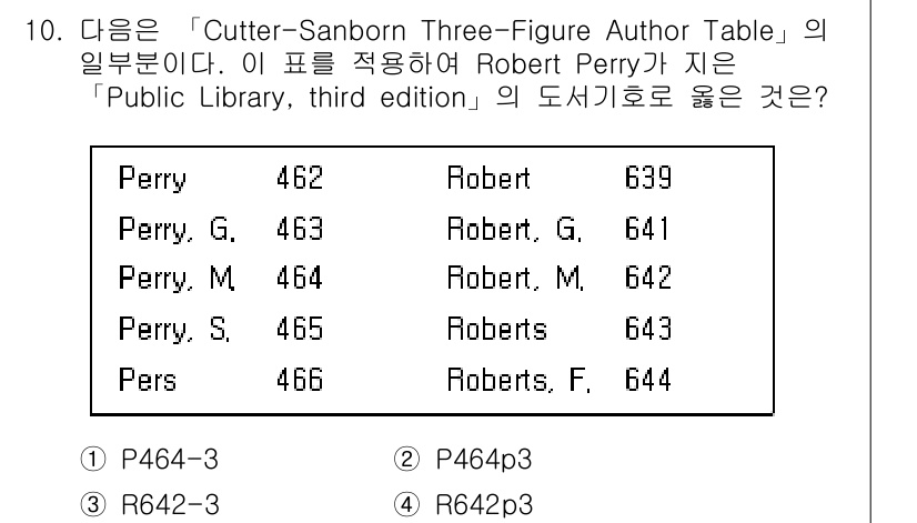 9급_지방직_공무원_자료조직개론 2016년 10번 - 정답은 2번(P464-3)입니다. Cutter-Sanborn 3-figu... 에 관한 핵심 기출문제
