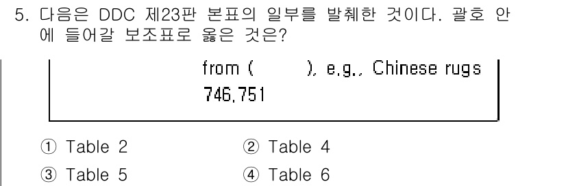9급_지방직_공무원_자료조직개론 2016년 5번 - DDC 제23판의 'Chinese rugs'에 해당하는 자료는 Table... 에 관한 핵심 기출문제
