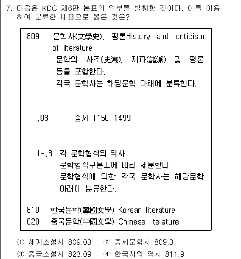 9급_지방직_공무원_자료조직개론 2017년 7번 - 정답 3은 KDC 6판의 문학 부문에서 특정 문학 장르나 역사에 대한 분... 에 관한 핵심 기출문제